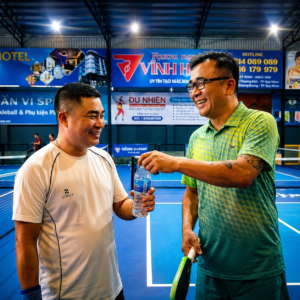 Hai người chơi Pickleball nghỉ ngơi và bổ sung nước sau trận đấu, minh họa quá trình phục hồi sau vận động.